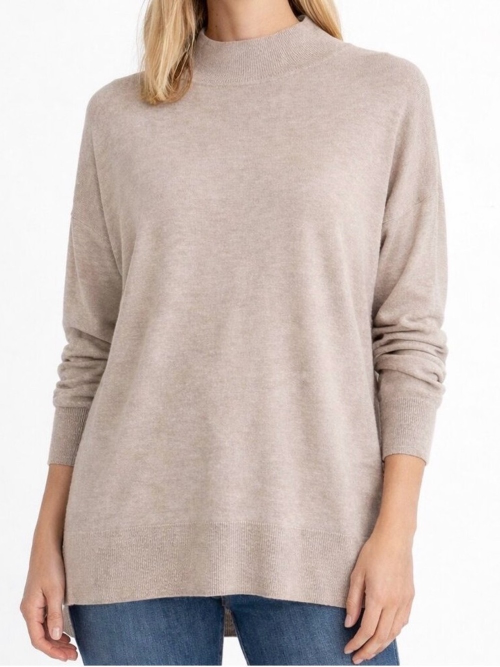 White + Warren Silk Blend Knit Sweater Size Medium Taupe
